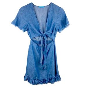 Show Me Your MuMu Melanie Ruffle Fringe Denim Linen Blue Cutout Dress M
